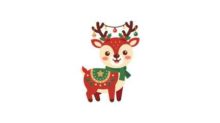 Fototapeta premium Cute Cartoon Reindeer with Christmas Lights and Scarf