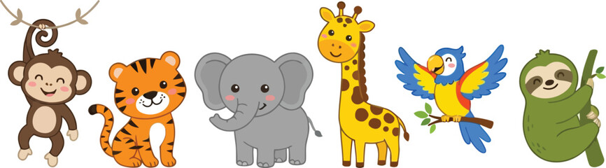 Fototapeta premium A collection of cute cartoon jungle animals including a monkey tiger elephant giraffe parrot and sloth.