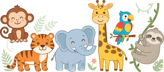 Fototapeta premium A collection of cute cartoon jungle animals including a monkey tiger elephant giraffe parrot and sloth.