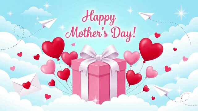 Happy Mother's Day pink gift box on clouds illustration, with heart balloons, love letter and paper planes, festive celebration background