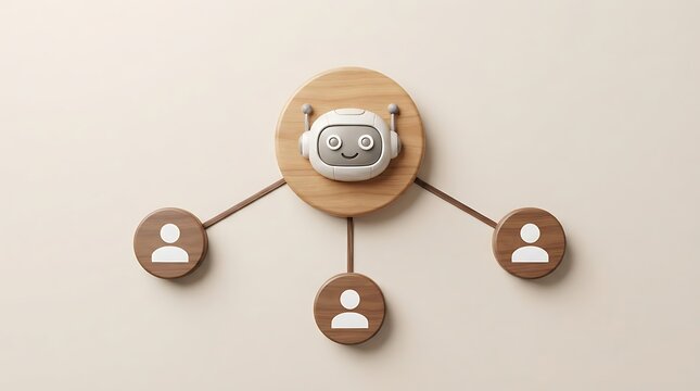 Wooden wall mount network diagram with robot icon connecting three user profiles for tech collaboration