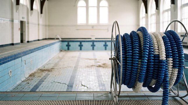 Drained Indoor Pool With Lane Ropes On A Poolside Reel as Leisure Centre Closure Metaphor