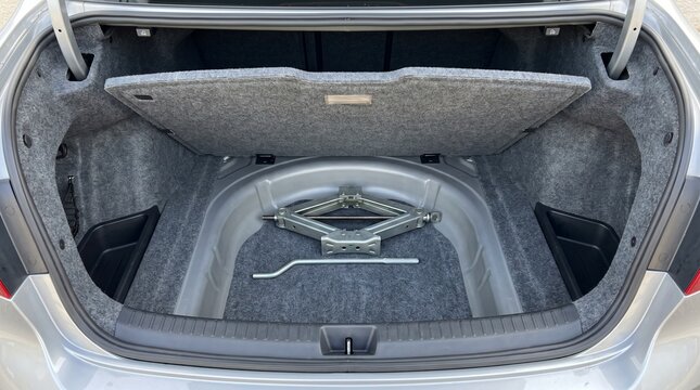 No Plan B Concept, Empty Spare Wheel Well In An Open Car Boot With A Sealant Kit