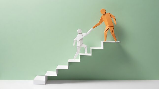 Paper figures helping each other climb stairs against a green wall