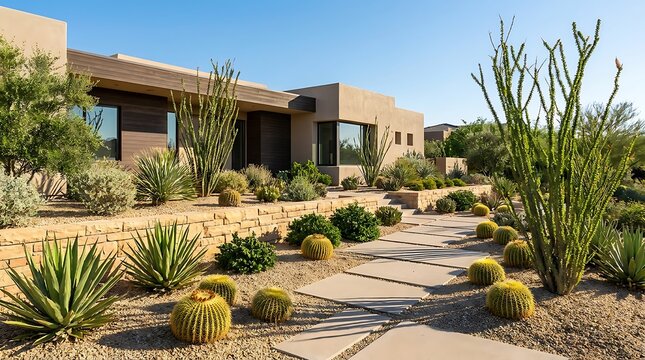 Modern luxury house with desert landscaping and stone walkway under a bright sunny blue sky in summer. arizona front yard