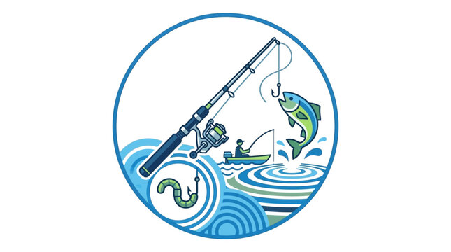 Professional of Fishing Scene with Angler Fish and Fishing Rods in a Circular Water Themed Design