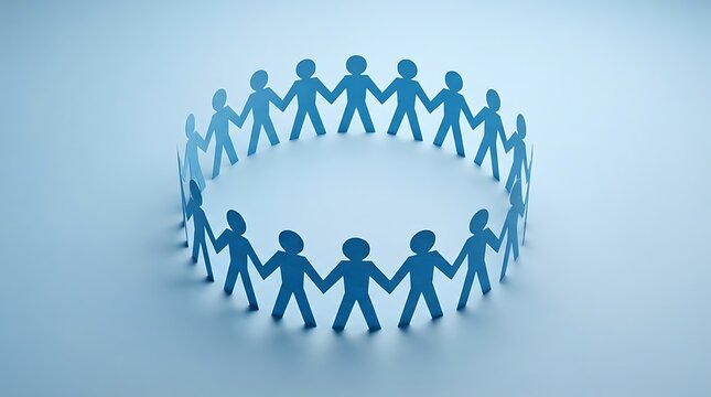 Blue paper cutout people holding hands in a circle on a light background