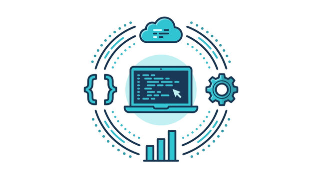 Sleek Modern of Cloud Computing Coding and Data Analytics with Tech Icons in Blue and White with high quality professional line art symbols for modern creative design and digital branding projects
