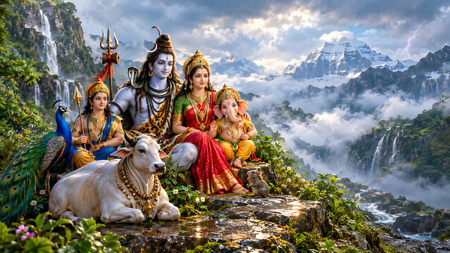 Shiva Parivar Lord Shiva Goddess Parvati Lord Ganesha Lord Kartikeya Nandi Mushak Peacock Premium Indian Devotional Festival Background