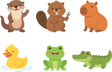 Obraz premium A collection of cute cartoon animals including an otter beaver capybara duck frog and crocodile.