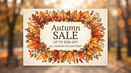 Fototapeta premium Autumn sale banner with handdrawn botanical frame of colorful fall leaves, acorns, and berries on a vintage paper background