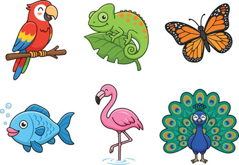 Fototapeta premium A collection of colorful cartoon animals including a parrot chameleon butterfly fish flamingo and peacock.