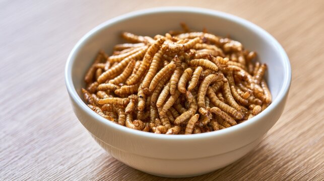 Close-up view of dried edible insect larvae in white bowl ready for cooking or consumption on wooden surface