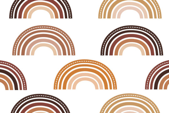 Seamless pattern featuring multiple arched rainbow shapes in earthy brown and beige tones for nursery decor isolated on a transparent background