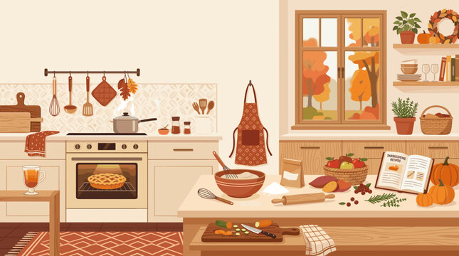 Cozy autumn kitchen interior vector illustration with baking ingredients pumpkin pie and window view