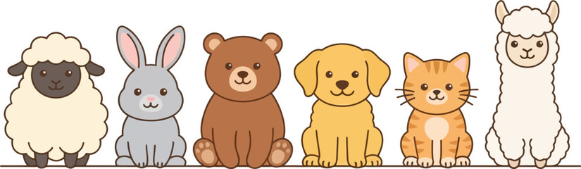 Fototapeta premium A row of cute cartoon animals including a sheep rabbit bear dog cat and llama.