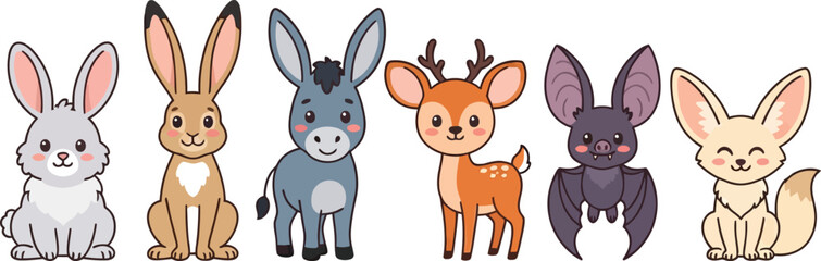 Obraz premium A collection of cute cartoon animals featuring a rabbit hare donkey deer bat and fennec fox.