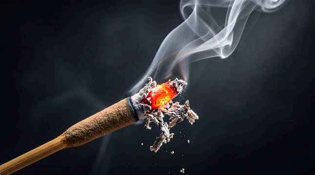 Macro shot of a glowing red embers of burning incense stick emitting spiraling micro smoke tendrils under spotlight