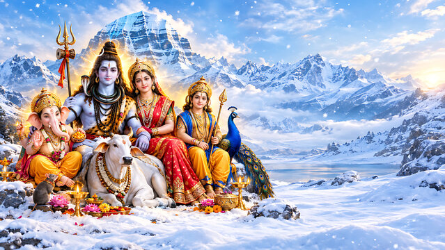 Ganesh Ganpati Bappa with Full Family &ndash; Mahadev, Parvati Mata, Gauri Mata, Kartikeya, Nandi, Mushak & Peacock &ndash; Blessings in One Frame