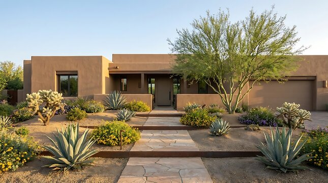 Modern southwest house with desert landscaping and agave plants under a bright sunny blue sky exterior. arizona front yard