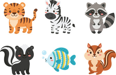 Obraz premium A collection of six cute cartoon animals including a tiger zebra raccoon skunk fish and squirrel.
