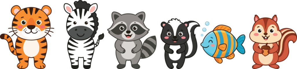 Fototapeta premium A collection of cute cartoon animals including a tiger zebra raccoon skunk fish and squirrel.