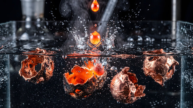 Macro view of molten copper metal dripping into water instantly solidifying into micro metallic splash shapes