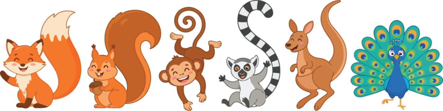 A collection of cute cartoon animals including a fox squirrel monkey lemur kangaroo and peacock.