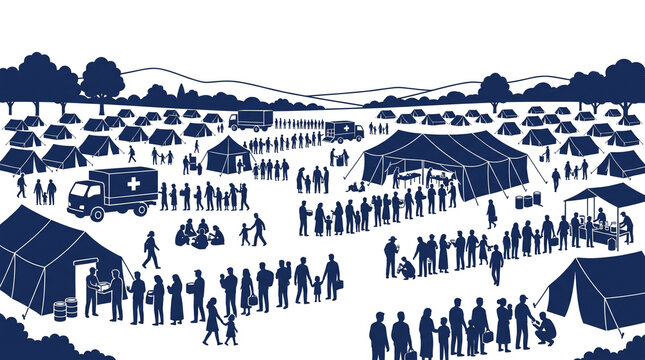 Refugee camp silhouette illustration, humanitarian aid distribution scene, displaced people in tent city with medical trucks