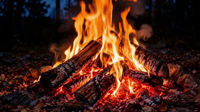 Roaring campfire at night in forest camp, close up of burning logs with glowing embers, sparks and warm flames