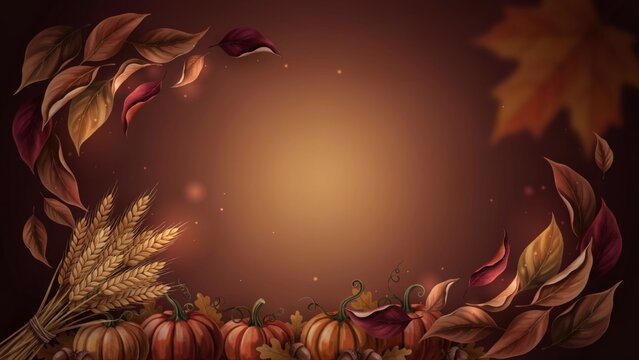 Autumnal border with pumpkins, wheat sheaves, and falling leaves