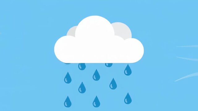 Flat vector illustration of a white rain cloud with falling blue water drops against a light blue sky background