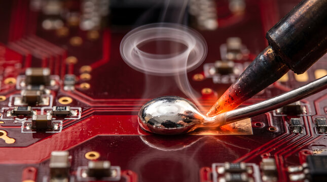 Extreme macro view of molten solder wire melting onto a copper circuit board trace forming a shiny silver liquid sphere