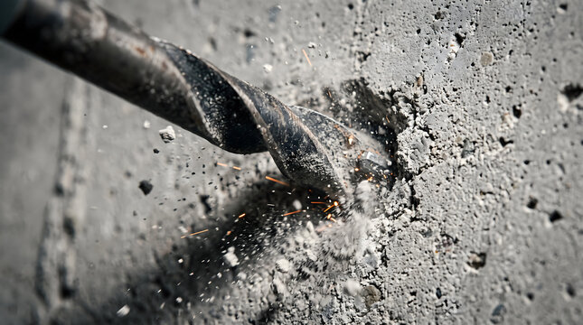 Extreme macro close up of a heavy duty steel drill bit penetrating grey concrete with dust particles debris and sparks frozen in mid air