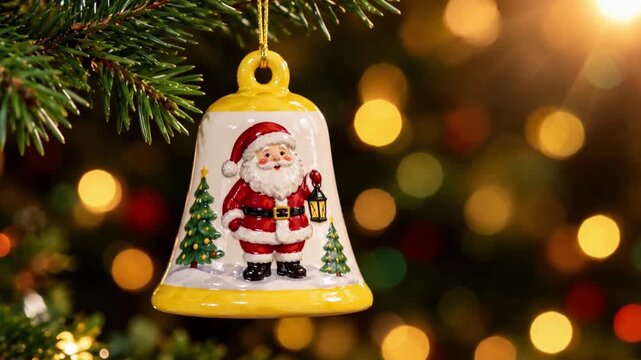 Vintage ceramic bell ornament with Santa Claus hanging on Christmas tree, warm golden bokeh lights background