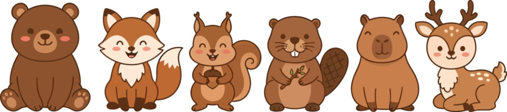 Cute woodland animal characters set featuring a bear fox squirrel beaver capybara and deer.