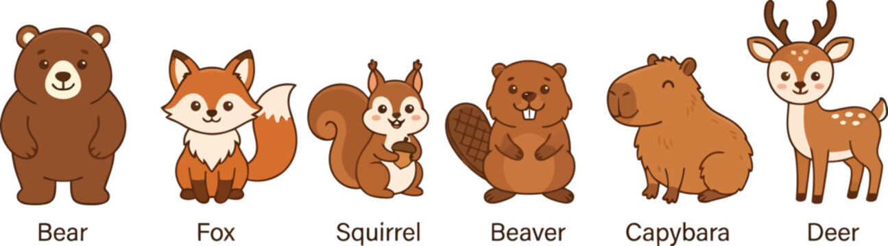 A collection of cute cartoon forest animals including a bear fox squirrel beaver capybara and deer.