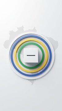 Brazil's national colors form concentric circles around a ballot box, set against a subtle outline of the country's map, symbolizing democracy and civic participation.