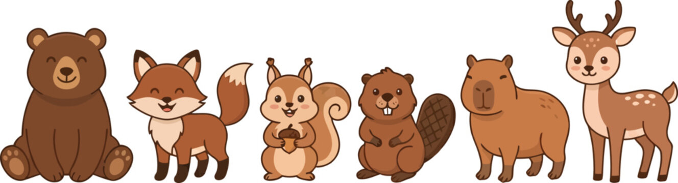 A collection of cute cartoon forest animals standing in a row.
