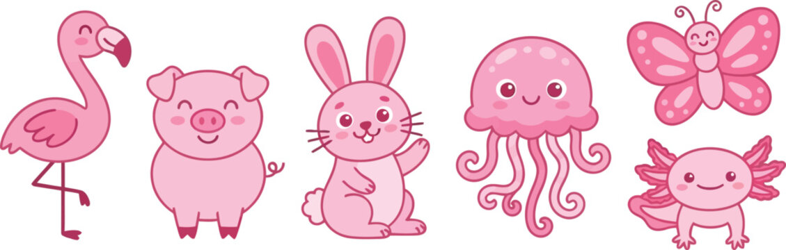 A collection of cute pink cartoon animals including a flamingo pig rabbit jellyfish butterfly and axolotl.