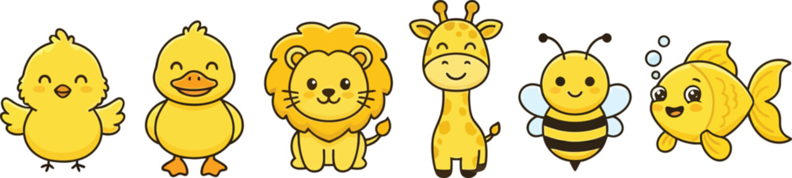 A collection of cute yellow cartoon animals including a chick duck lion giraffe bee and fish.