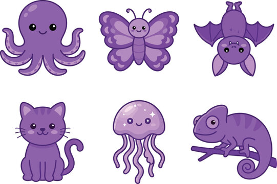 A collection of cute purple cartoon animals including an octopus butterfly bat cat jellyfish and chameleon.