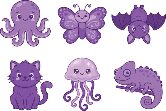 A collection of six cute purple cartoon animals including an octopus butterfly bat cat jellyfish and chameleon.