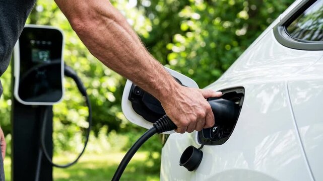 Close up of a man hand inserting a charging cable into a white electric car at station