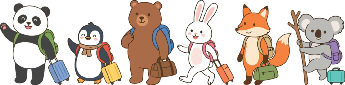 A group of cute cartoon animals traveling together with suitcases and backpacks.
