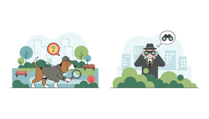 Fototapeta premium Professional detective dog with magnifying glass and investigator with binoculars looking for clues in the park.