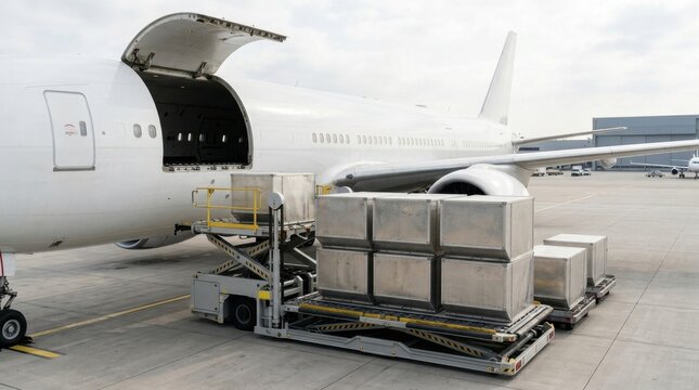 Air cargo plane unloading shipping containers from open fuselage at busy airport.