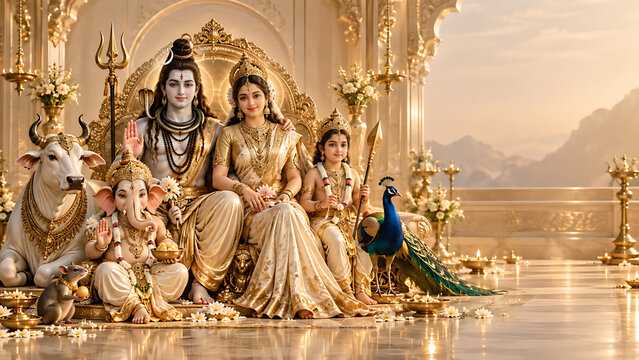 Ganesh Family Mahotsav &ndash; Ganpati Bappa, Gauri Mata, Shiva, Parvati, Kartikeya, Nandi, Mushak & Peacock &ndash; Complete Divine Shiva Parivar