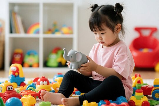 Little Asian girl sits playing with toy elephant among colorful toys on floor. Bright playroom interior, focus on childs imagination and creative development. Happy childhood moments indoors.