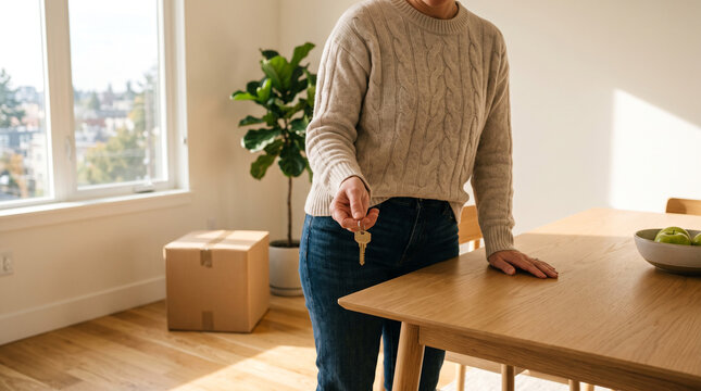 A person holding a key, standing in a room with a moving box and a plant, implying a new home